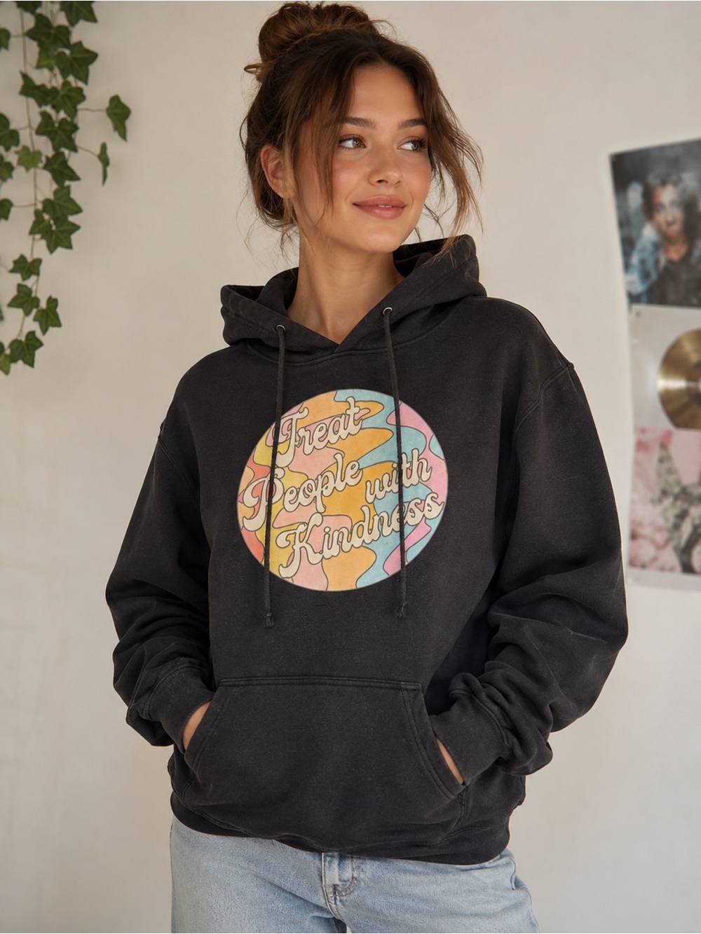 Graphic Hoodie black and Pastel  Cozy Pullover Medium
